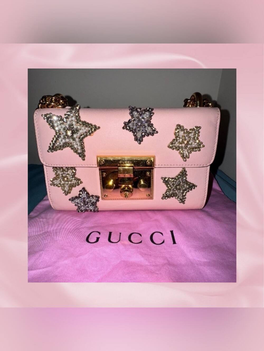 Gucci Calfskin Crystal Star Embroidered Small Padlock Shoulder Bag